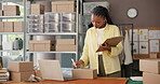 Boxes, woman and writing on clipboard in ecommerce for shipping info, delivery details or inventory. Small business, black person and logistics checklist for package distribution and quality control