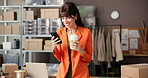 Startup, coffee and woman with smartphone, happy and reading reviews on social media or supply chain. Drinking, caffeine and mature person with mobile for feedback, online and boxes in small business