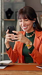 Woman, typing or laughing in office with phone for funny fashion meme, social media gossip or chat. Mature person, scroll or smile in ecommerce business with tech for mobile app, online joke or humor