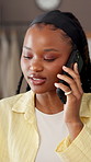 Black woman, talk and phone call in fashion startup for logistics, ecommerce and confirm order. Female person, discussion or mobile to contact supplier, schedule delivery and chat for clothes inquiry