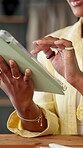 Hands, business woman and typing on tablet for article review, proofreading blog or online research. Publishing agency, journalist and digital tech for reading editor feedback and upload submission