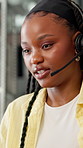 Black woman, consultant and small business with headset for logistics, CRM or customer service. Female person, agent or communication with mic for order, virtual assistance or help in online shipping