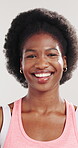 Fitness, face or black woman in studio with smile, pride or progress goal in performance. Happy, portrait or athlete on white background for sportswear, wellness or challenge in body transformation.