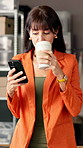 Supply chain, coffee and woman with smartphone, smile and message to contact, email and internet. Mature person, entrepreneur and business owner with cellphone, social media and app with espresso