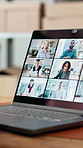 Laptop screen, online meeting and business people in office with planning for finance review. Computer, greeting and financial advisors in collaboration on virtual discussion for investment proposal.