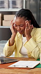 Headache, laptop and black woman in fashion startup for management burnout, fail or mistake. Clipboard, migraine and stress with African supplier in logistics office for small business delivery error