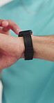 Man, hands or smart watch in studio for fitness, tracking heart rate or exercise progress app. Person, scroll or check time for workout results, wellness and monitor step counter on white background.