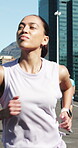 Running, fitness and health with woman in city for challenge, training and race performance. Cardio, exercise and sports athlete with person outdoors for runner practice, wellness and workout