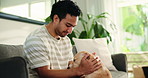Man, relax and happy on sofa for dog care, bonding and stroke in living room at apartment. Person, pet owner and smile with animal, touch or connection for loyalty for relationship on couch in home