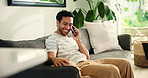 Phone call, relax and man with dog on sofa in home for communication, contact and networking. Bonding, talking and person with pet on smartphone for connection, online chat and relax in living room