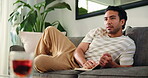 Thinking, writing or man in lounge with notebook, mindfulness practice or self reflection journal. Morning gratitude, goal setting or person contemplate day for stress relief, home or track thoughts