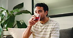 Thinking, home or man on sofa with tea, watching show or stress management in herbal benefit. Anxiety relief, hydration or male person in house with antioxidant, movie binge or relax with beverage.