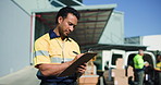Businessman, clipboard and writing with boxes in logistics for inventory checklist or inspection. Man, distributor or inspector with notes, packages or cargo for quality assurance or supply chain