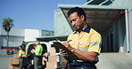 Logistics, man and courier writing on checklist for delivery schedule, supply chain or ecommerce. Paperwork, outdoor and person with cargo clipboard, shipping manifest and distribution information