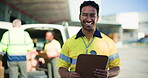 Face, man and clipboard for courier outdoor with career pride, about us and logistics warehouse. Portrait, people and checklist for quality assurance, delivery schedule and supply chain for shipping