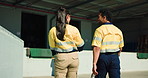 Walking, people and logistics team planning, supply chain discussion or distribution. Warehouse, outdoor and workers in collaboration for shipping, export and industrial storage facility with back