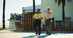 Logistics, point or men at warehouse with discussion, maintenance or inventory inspection for shipping. Distribution, talk or supplier at depot with crates, quality or safety control for export.