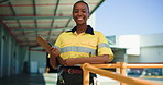 Face, black woman and clipboard for courier outdoor with career pride, about us or logistics warehouse. Portrait, female person and checklist of ecommerce, delivery schedule and supply chain shipping