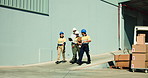 Walking, people and warehouse team with supply chain, logistics planning and discussion. Inventory, outdoor and workers in collaboration for shipping, cargo inspection and wave goodbye to group