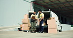 Business people, clipboard or boxes with vehicle for transportation, export or import distribution. Businessman, woman or colleagues writing with packages, inventory or storage for delivery in depot