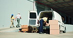 Businessman, packing and van with boxes for delivery, distribution or supply chain in warehouse. Man, distributor or packages with cargo in car or vehicle for shipping, export or import business