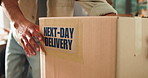 People, hands and box with delivery for logistics, distribution or next day order in home. Supplier, distributor or stock with cargo, label or package for small business, shipping or courier service