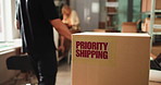 Priority shipping label, box and distribution office for ecommerce, supply chain or logistics. Package sticker, startup and express delivery service with important parcel,  team and business people