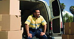 Thinking, tired and delivery man in van outdoor for ecommerce, logistics and distribution pressure. Male person, sweating and fatigue in vehicle, shipping boxes and supply chain workload with burnout