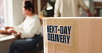 People, box and small business with delivery for logistics, distribution or next day order in home. Supplier, employees or team with cargo, label or package for shipping or courier service in house