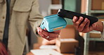 People, hands and pos machine with phone, box or delivery for payment, purchase or package in store. Closeup, customer and courier with NFC or parcel for wireless transaction or tap to pay in shop