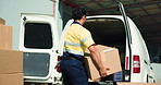 Businessman, loading and van with boxes for delivery, distribution or supply chain in warehouse. Man, distributor or packages with cargo in car or vehicle for shipping, export or import business