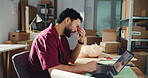 Ecommerce, headache or man in office with laptop for distribution backlog, logistics fail or bad review. Computer, exhausted person or migraine for courier delay, supplier problem or reputation risk.
