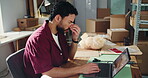 Frustrated, man or ecommerce in office with laptop for distribution backlog, logistics fail or headache. Computer, exhausted person or migraine for courier delay, supplier problem or reputation risk.