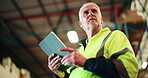 Logistics, low angle or man in warehouse with tablet, inspection or stock control in shipping industry. Distribution, mature or operations clerk in depot with tech, cargo or checklist in supply chain