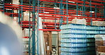 Warehouse, shelf and storage for distribution, shipping and supply chain for ecommerce. Logistics, storehouse and industrial cargo boxes for inventory, stock and racks with pallets in empty depot