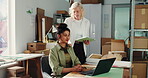 Team, ecommerce and laptop with women in warehouse for delivery confirmation, inventory and research. Shipping checklist, online order and courier distribution with people and tablet as entrepreneur