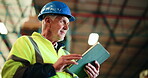 Warehouse, logistics or manager with tablet for storage inspection, export process or transport schedule. Tech, quality control or mature man with shipping agenda, inventory management or low angle