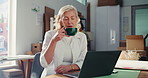 Supply chain, laptop and woman with coffee, startup and blowing with latte, inventory and sales report. Mature person, business owner and entrepreneur with herbal tea, pc and email for online order