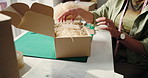 Packing, card and hands of woman in office with box for ecommerce order with small business. Parcel, distribution and person with cardboard package for cargo, supply chain or logistics in workplace.