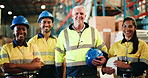 Shipping, face and team in warehouse with pride, confidence and trust for export distribution. Inventory management, portrait and people in factory for quality control, logistics and smile or bokeh
