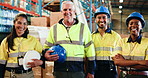 Logistics, face and people in warehouse with smile, confidence and trust for export distribution. Inventory management, portrait and group in factory for quality control, shipping and bokeh or pride