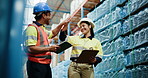 Warehouse, logistics and people with clipboard, high five and planning stock distribution and tablet. Factory, celebration or colleagues with checklist for inventory, production and shipping of goods