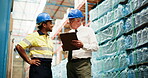 Warehouse, logistics and men with clipboard, talking and planning stock distribution and discussion. Factory, colleagues and people with checklist for inventory, production and shipping of goods