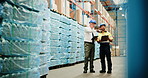 Distribution, documents and men in warehouse, tablet and teamwork with checklist for inventory. People, discussion and employees in factory, manufacturing and report for logistics and supply chain