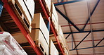 Below, boxes and shelf for logistics in warehouse with supply chain, inventory and distribution. Cardboard, package and storage with stock, shipping facility and cargo management for dropshipping