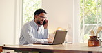 Business, man and phone call with laptop at house for real estate, discussion and property planning. Realtor, freelancer and mobile with pc, contact client and schedule viewing for resale negotiation