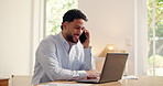 Businessman, laptop and discussion with phone call in home for proposal or communication. Man, remote work or conversation with computer or mobile smartphone for business chat or negotiation in house