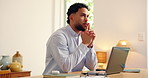 Employee, thinking and man with laptop, home office and planning for blog, email marketing or online. Copywriter, reflection and creative for brand awareness, remote work and freelance project on web