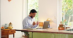 Remote work from home, fist pump and man with laptop, celebration and copywriting with submission. Blog website, journalist and person with pc, excited and achievement with story publication or email