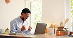 Happy man, laptop and winning with fist pump in home for promotion, bonus or salary increase. Excited, male person or remote work with smile, computer or good news for prize or success in house